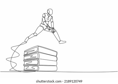 Single one line drawing robot jumping over pile of big binders. Stack of paper work document. Information classification. Future technology development. Continuous line draw design vector illustration