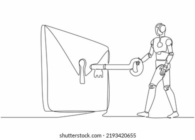 Single one line drawing robot putting big key into mail. Digital message protection or email security system. Future technology development. Continuous line draw design graphic vector illustration