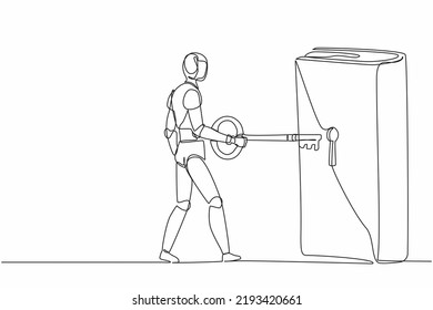 Single One Line Drawing Robot Putting Big Key Into Book. Unlock Textbook, Knowledge. Library. Key To New Information. Future Technology Development. Continuous Line Design Graphic Vector Illustration