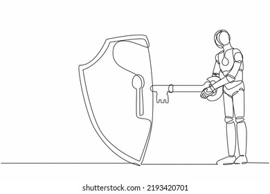 Un robot de dibujo de una sola línea pone la llave en la pantalla. Seguridad y protección de Internet. Cifrado, codificación de datos digitales. Desarrollo tecnológico futuro. Ilustración vectorial de dibujo de línea continua