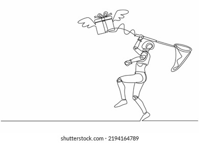 Single one line drawing robot try to catching flying gift box with butterfly net. Winged gift box, package. Future technology. Artificial intelligence. Continuous line draw design vector illustration