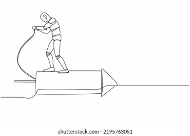 Single One Line Drawing Robot Standing On The Firework Rocket And Ignite It To Boost Machine Learning Process. Modern Robotic Artificial Intelligence. Continuous Line Draw Design Vector Illustration