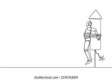 Single one line drawing robot being tied to a launching rocket, feeling anxious and scared. Future technology development. Artificial intelligence. Continuous line design graphic vector illustration