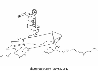 Single one line drawing robot standing astride a rocket and flying through the air. Humanoid robot cybernetic organism. Future robotic development. Continuous line design graphic vector illustration