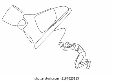 Single one line drawing robot kneel down under giant feet. Concept for authority, exploitation, dictator figure. Future technology development. Continuous line draw design graphic vector illustration