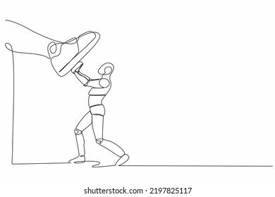 Single one line drawing robot against giant shoes stomping. Robot push against giant foot step. Future technology development. Artificial intelligence. Continuous line draw design vector illustration