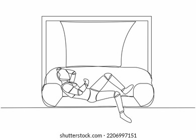 Robot de dibujo de una sola línea sobre un sofá cerca del umbral de la ventana en casa. Pasando tiempo, relajándose después del trabajo. Inteligencia artificial robótica moderna. Ilustración gráfica de diseño de trazos de línea continua