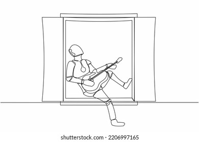 Single one line drawing robot sitting on windowsill playing guitar and sing song. Relaxation, comfort, romantic. Modern robotic artificial intelligence. Continuous line draw design vector illustration