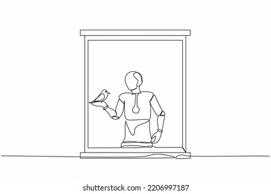 Single one line drawing robot with bird pet on his hand. Open window, looking for fresh air. Robotic artificial intelligence. Electronic technology industry. Continuous line design vector illustration