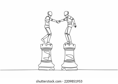 Single one line drawing robot leader shaking hand on rook chess. Collaboration strategy in tech industry. Modern robot artificial intelligence. Continuous line draw design graphic vector illustration