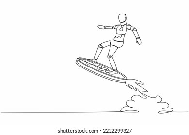 Single one line drawing robot riding dollar coin rocket flying in the sky. Tech business opportunity. Modern robotic artificial intelligence technology. Continuous line draw design vector illustration