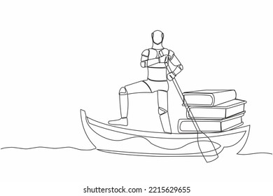 Single one line drawing robot sailing away on boat with pile of books. Education in tech company. Robotic artificial intelligence. Technology industry. Continuous line draw design vector illustration