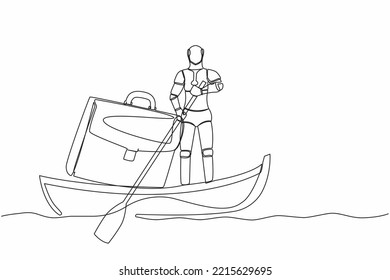 Single one line drawing of robot sailing away on boat with briefcase. Take break from busy factory operation. Modern robotic artificial intelligence. Continuous line design graphic vector illustration
