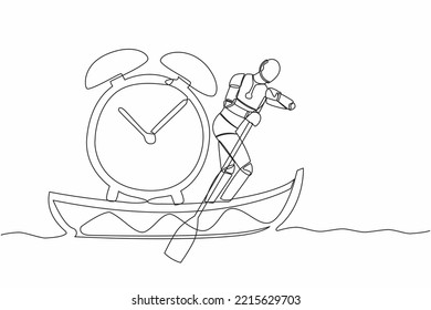 Single one line drawing robot sailing away on boat with alarm clock. Time management in tech business deadline. Robotic artificial intelligence. Continuous line draw design graphic vector illustration