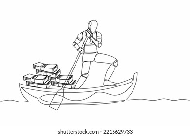 Single one line drawing robot sailing away on boat with pile of banknote. Digital financial crime or money laundering. Robotic artificial intelligence. Continuous line draw design vector illustration