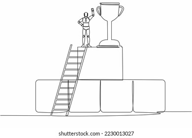 Single one line drawing robot climb ladder and standing with fist up gesture on big graphic bar beside huge trophy. Artificial intelligence process. Continuous line graphic design vector illustration