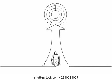 Single one line drawing robot ready to run to trophy at end of route. Future technology development. Artificial intelligence machine learning process. Continuous line draw design vector illustration