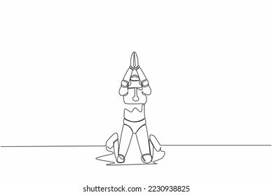 Robot de una sola línea dibujando arrodillarse y rezar. Pérdida de dinero, crisis económica, quiebra, deprimida. Inteligencia artificial robótica. Industria tecnológica. Ilustración vectorial de dibujo de línea continua
