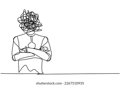 Single one line drawing robot and round scribbles instead head  keeping arms crossed  Robot standing and folded arms pose  Technology development  Continuous line draw design vector illustration