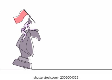 Single one line drawing robot standing on top of big horse knight chess and waving flag. Future technology. Artificial intelligence machine learning process. Continuous line draw design vector graphic