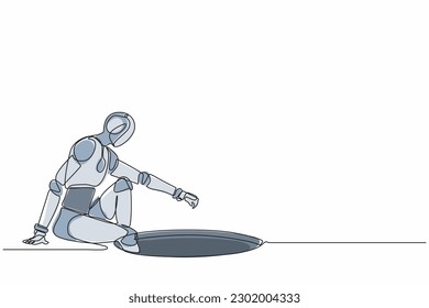 Single one line drawing robot descends into the hole. Future technology development. Artificial intelligence and machine learning processes. Modern continuous line design graphic vector illustration