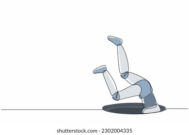 Single one line drawing robot falling into pit hole. Protruding legs from the hatch. Future technology. Artificial intelligence and machine learning. Continuous line draw design vector illustration