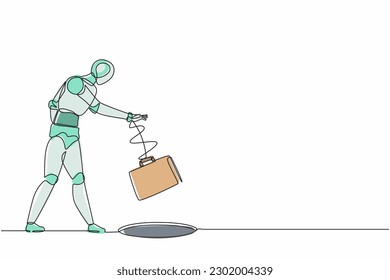 Single one line drawing robot throws briefcase into hole. Future technology development. Artificial intelligence and machine learning processes. Continuous line draw design graphic vector illustration