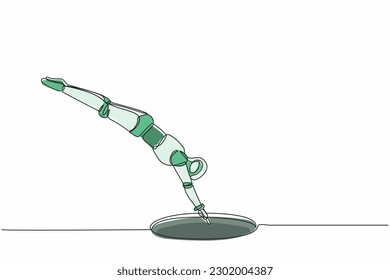 Single one line drawing robot jump into hole. Future technology development. Artificial intelligence and machine learning processes. Modern continuous line draw design graphic vector illustration