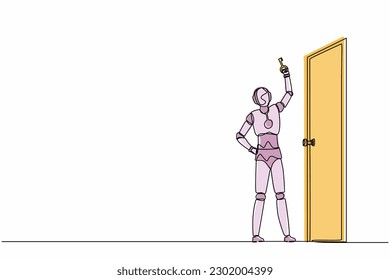 Robot de dibujo de una sola línea levantando la llave delante de la puerta. Desarrollo tecnológico futuro. Proceso de aprendizaje de la máquina de inteligencia artificial. Ilustración gráfica de diseño de trazos de línea continua