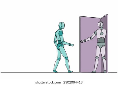 Single one line drawing robot is inviting his friend to get into his office. Future technology. Artificial intelligence and machine learning process. Continuous line design graphic vector illustration