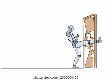 Single one line drawing robot kicking locked door and destroy. Future technology development. Artificial intelligence machine learning process. Continuous line draw design graphic vector illustration