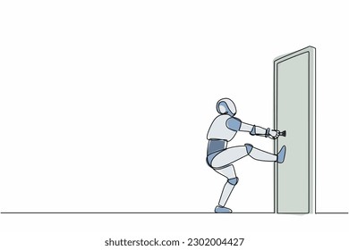 Un robot de dibujo de una línea tirando del pomo de la puerta cerrada con energía. Tecnología futura. Inteligencia artificial y proceso de aprendizaje automático. Ilustración gráfica de diseño de trazos de línea continua