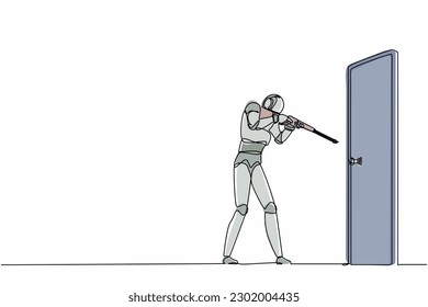Robot de dibujo de una sola línea apuntando con una escopeta en el pomo de la puerta. Desarrollo tecnológico futuro. Inteligencia artificial y proceso de aprendizaje automático. Ilustración gráfica de diseño de trazos de línea continua