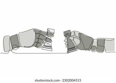 Single one line drawing robot hands holding rook chess piece and the other hand too. Future technology. Artificial intelligence and machine learning process. Continuous line draw design graphic vector