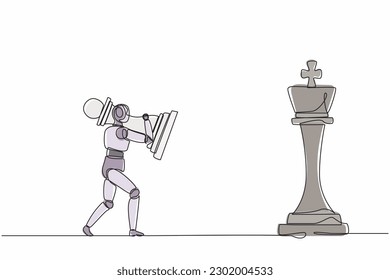 Single one line drawing robot holding pawn chess piece to beat king chess. Future technology development. Artificial intelligence machine learning process. Continuous line draw design graphic vector