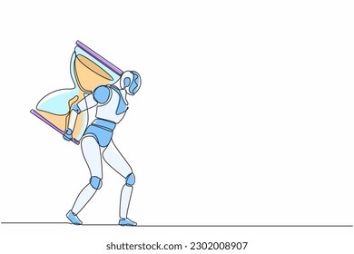 Single one line drawing robot carrying heavy big hourglass. Future technology development. Artificial intelligence and machine learning process. Continuous line draw design graphic vector illustration