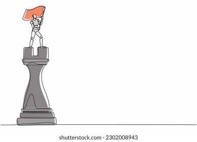 Single one line drawing robot standing on top of big rook chess and waving flag. Future technology development. Artificial intelligence machine learning process. Continuous line design graphic vector