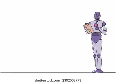 Robot de dibujo de una sola línea que sujeta el portapapeles y muestra el gesto hacia arriba. Desarrollo tecnológico futuro. Inteligencia artificial y proceso de aprendizaje automático. Vector de diseño de traza de línea continua