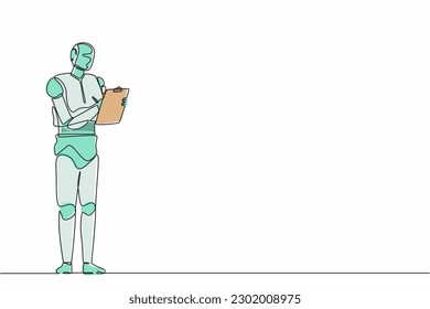 Single one line drawing robot standing and writing on clipboard. Future technology development. Artificial intelligence and machine learning process. Continuous line design graphic vector illustration