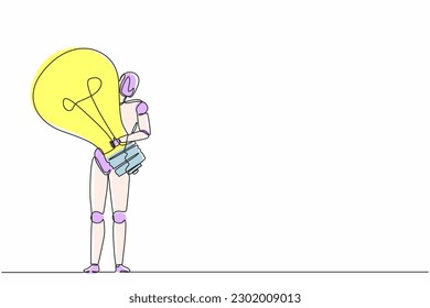 Single one line drawing robot carrying big heavy lightbulb. Future technology development. Artificial intelligence and machine learning process. Continuous line draw design graphic vector illustration