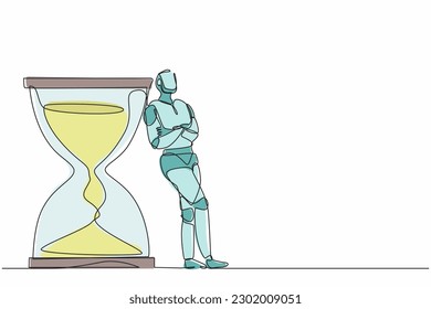 Un robot de dibujo de una sola línea se inclina sobre un vidrio gigante. Desarrollo tecnológico futuro. Inteligencia artificial y proceso de aprendizaje automático. Ilustración gráfica de diseño de trazos de línea continua