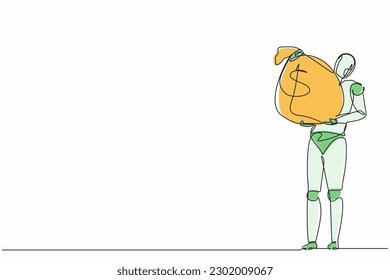 Single one line drawing robot carrying big heavy sack full cash money. Future technology development. Artificial intelligence and machine learning process. Continuous line draw design graphic vector