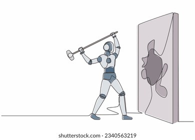 Single one line drawing robot breaks and hitting wall with hammer. Achievement way for success. Future technology. Artificial intelligence, machine learning. Continuous line design vector illustration