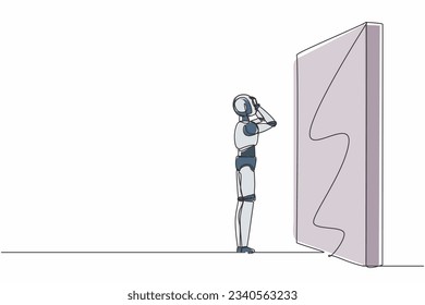 Single one line drawing robot standing and confused in front of huge brick wall barriers. Future technology. Artificial intelligence machine learning. Continuous line draw design vector illustration