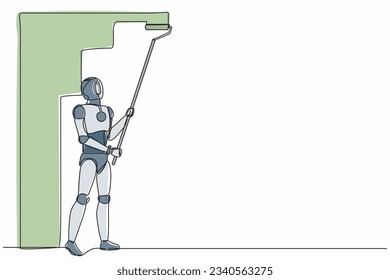 Single one line drawing robot painter decorator repairman people at work. Future technology development. Artificial intelligence and machine learning. Continuous line draw design vector illustration