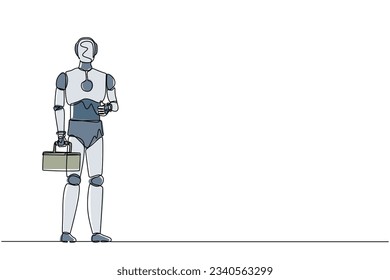 Single one line drawing robot plumber standing and holding wrench and tools box in hand. Future technology. Artificial intelligence machine learning. Continuous line draw design vector illustration