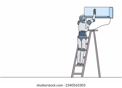 Single one line drawing robot repairman technician repairing air conditioner. Future technology. Artificial intelligence and machine learning. Continuous line draw design graphic vector illustration
