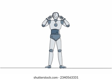 Single one line drawing robot covering ears with fingers with annoyed expression for noise of loud sound or music. Future technology development. Continuous line design graphic vector illustration