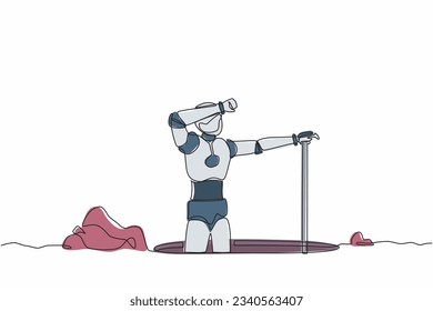 Single one line drawing robot wipes sweat on his forehead while digging hole. Future technology development. Artificial intelligence machine learning. Continuous line draw design vector illustration
