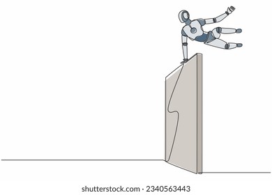 Single one line drawing robot jumps over wall, outside comfort zone. Future technology. Artificial intelligence and machine learning processes. Continuous line draw design graphic vector illustration